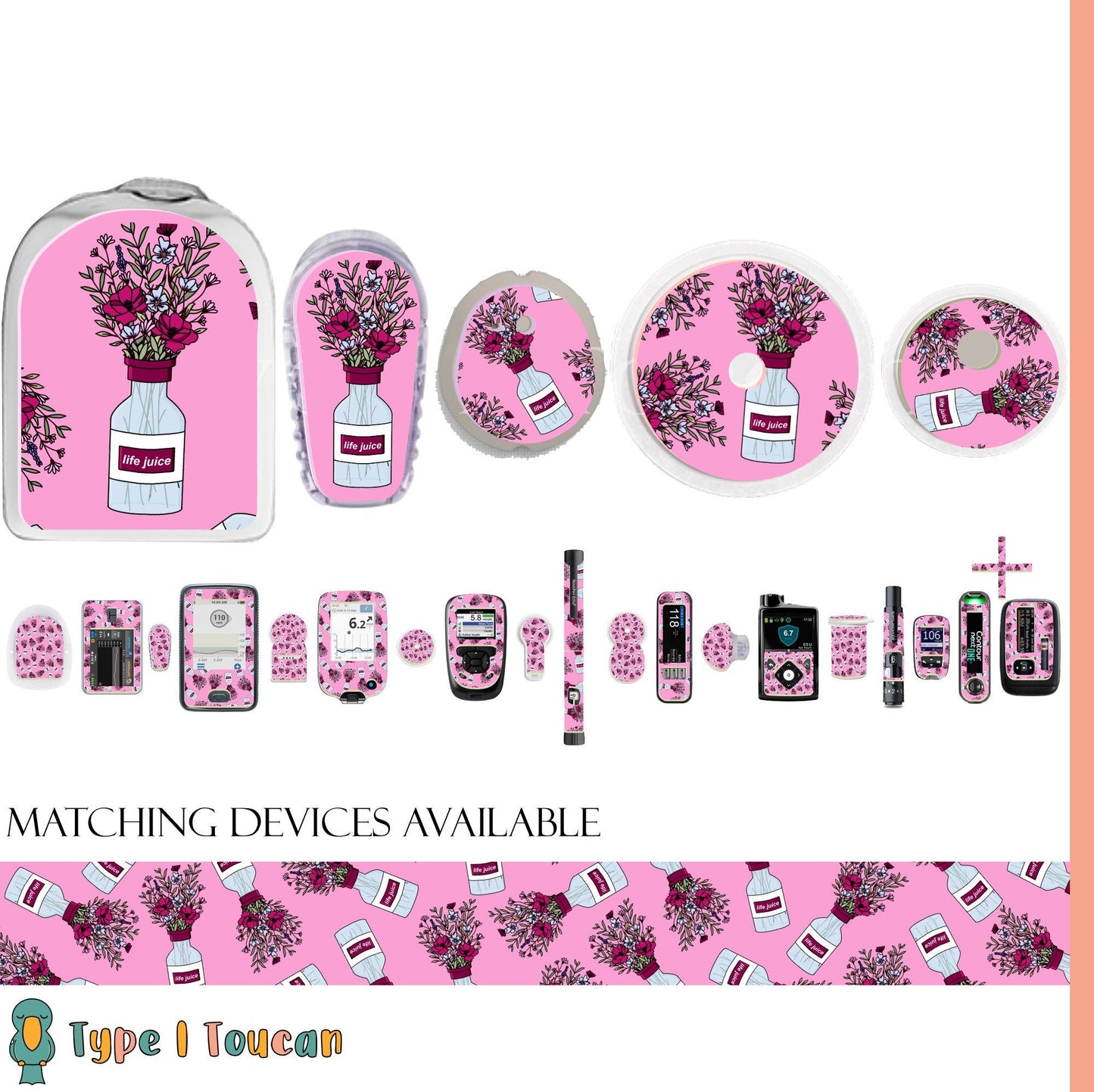 Pink Floral Insulin Print |Device Stickers