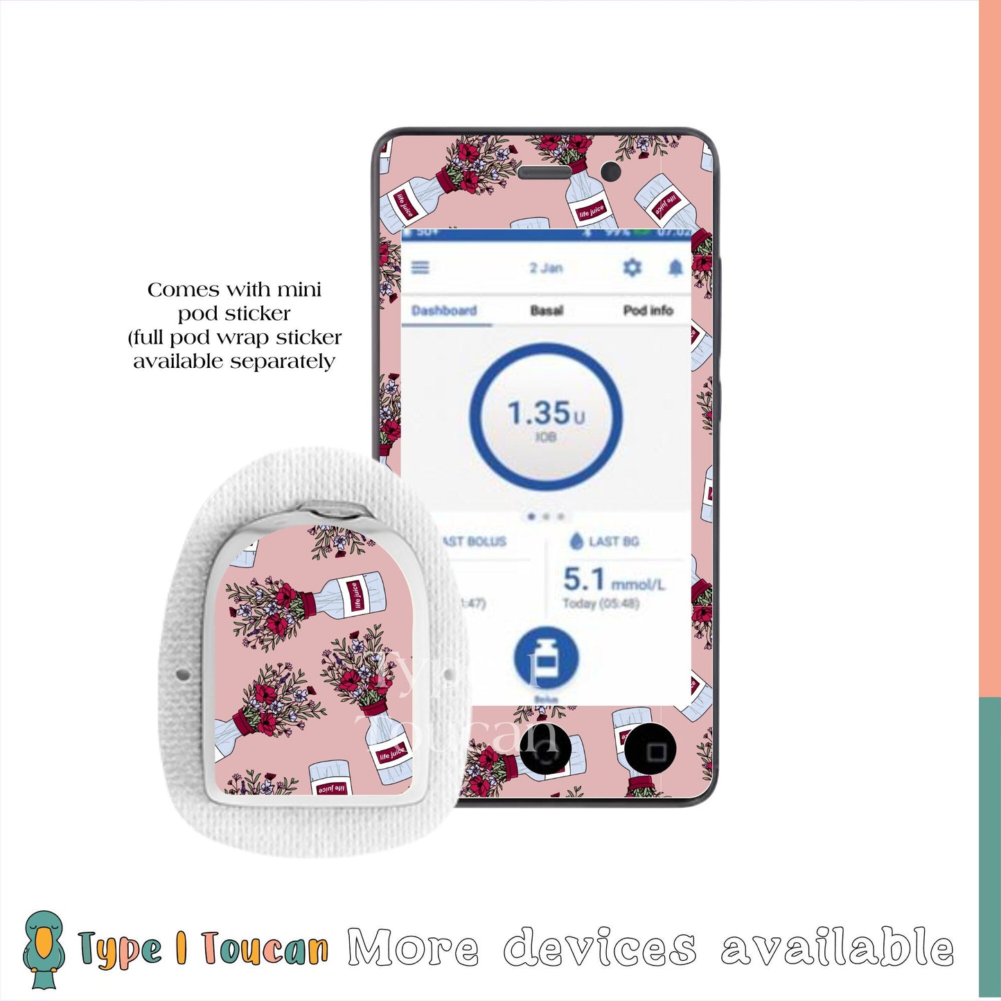Poppy Floral Insulin Print |Device Stickers
